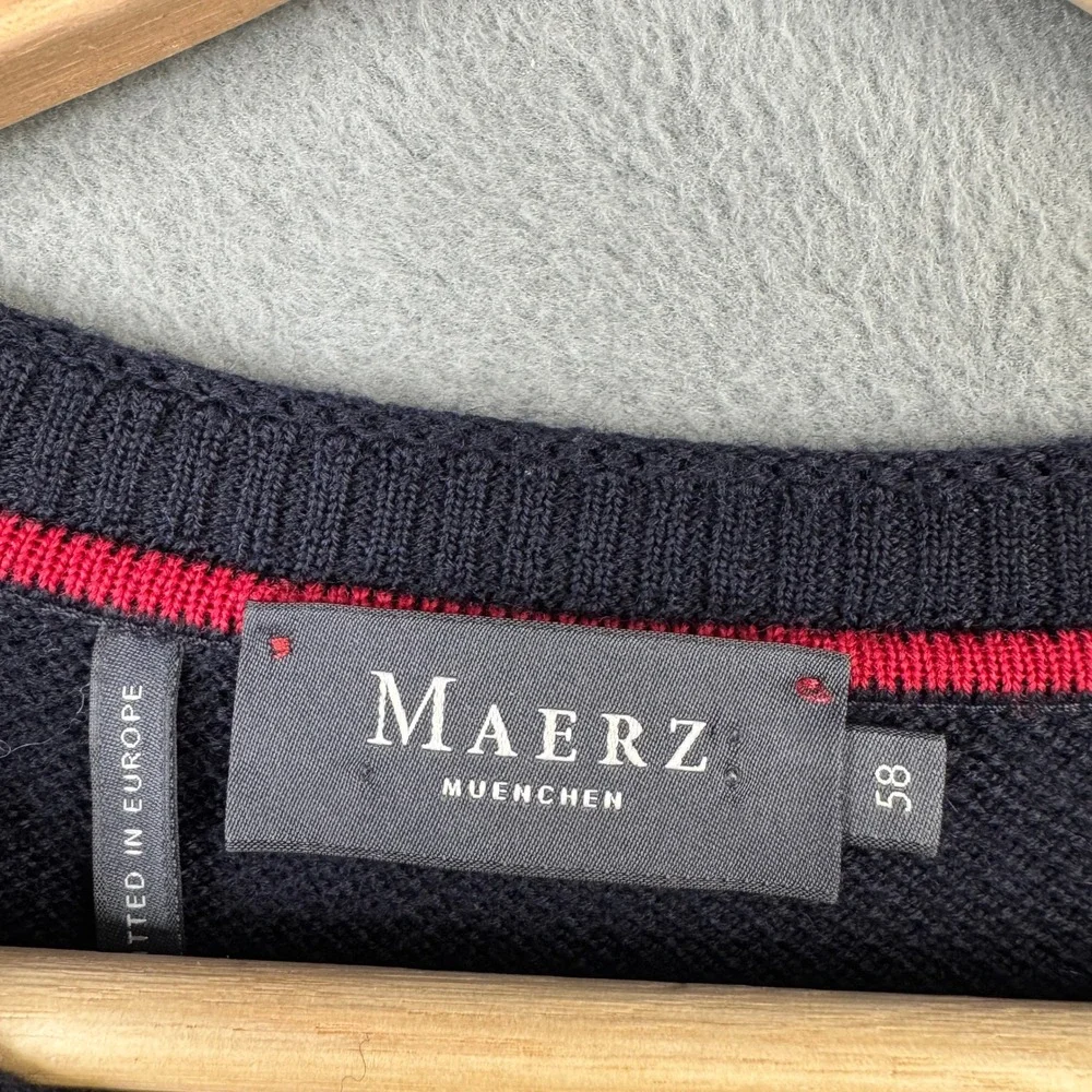 Maerz Muenchen Mens 100% Virgin Merino Wool Striped Pullover Sweater Navy Orange